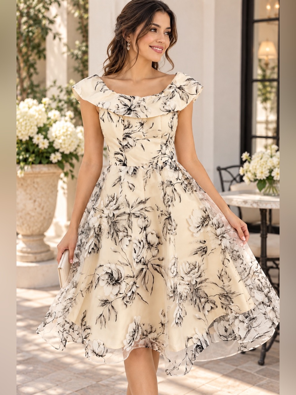 Chi Chi London Cream Floral Midi Dress with Black Print